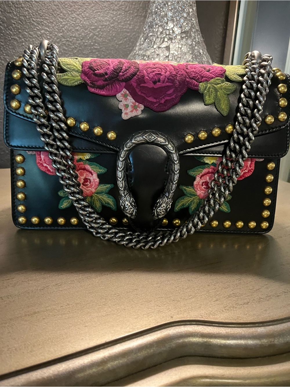 Black Embroidered Gucci Floral Chain Shoulder Bag - Picture 4 of 9